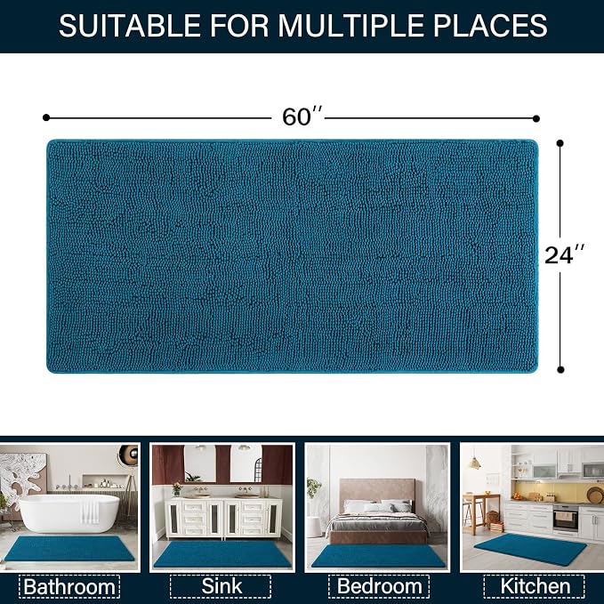 LOCHAS Luxury Bathroom Rug Shaggy Bath Mat 24 x 60 Inch, Peacock Blue | Washable Non Slip Bath Rugs for Bathroom Shower, Soft Plush Chenille Absorbent Carpets
