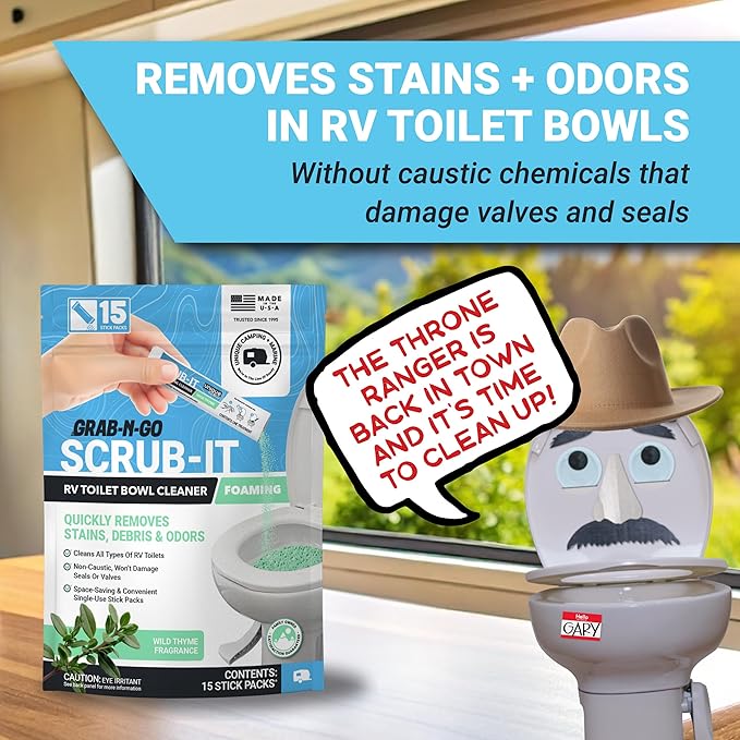 Unique Scrub-It Foaming RV Toilet Cleaner - Wild Thyme Scent, 15 Count Stick Packs, Premeasured, No-Mess, Grab-N-Go Powder Removes Stains from RV Toilet Bowls, Helps Lubricate Valves and Seals