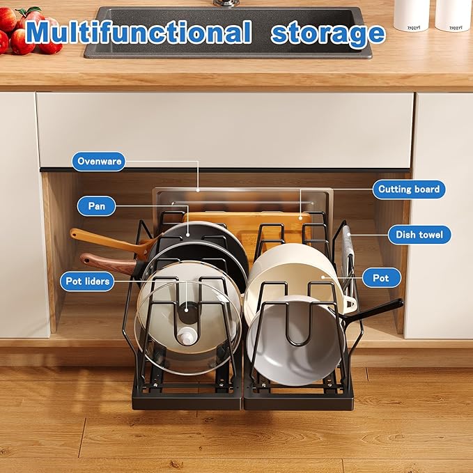 Mustorn 2 Pack Pots and Pans Organizer Under Cabinet, 21.6" Deep Pull Out Pot Lid Organizer Holder with Guardrail Adhesive Pot and Pan Holder Rack with 10 Adjustable Dividers(Black)