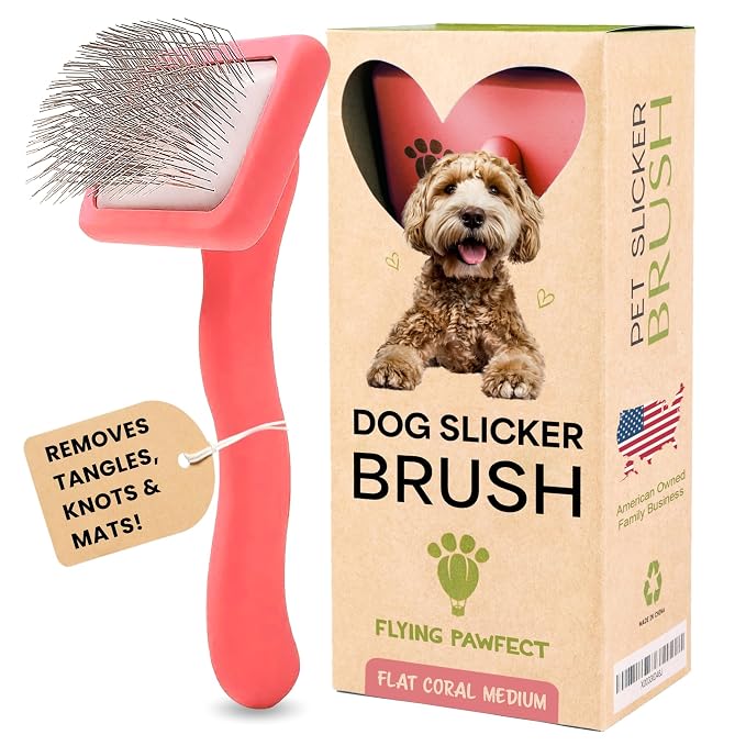 Slicker Brush for Dogs - Long Pin for Poodles, Doodles & Long Haired Dogs, Deshedding & Dematting Tool, Slicker Dog Brushes for Grooming (Coral, Flat Medium)