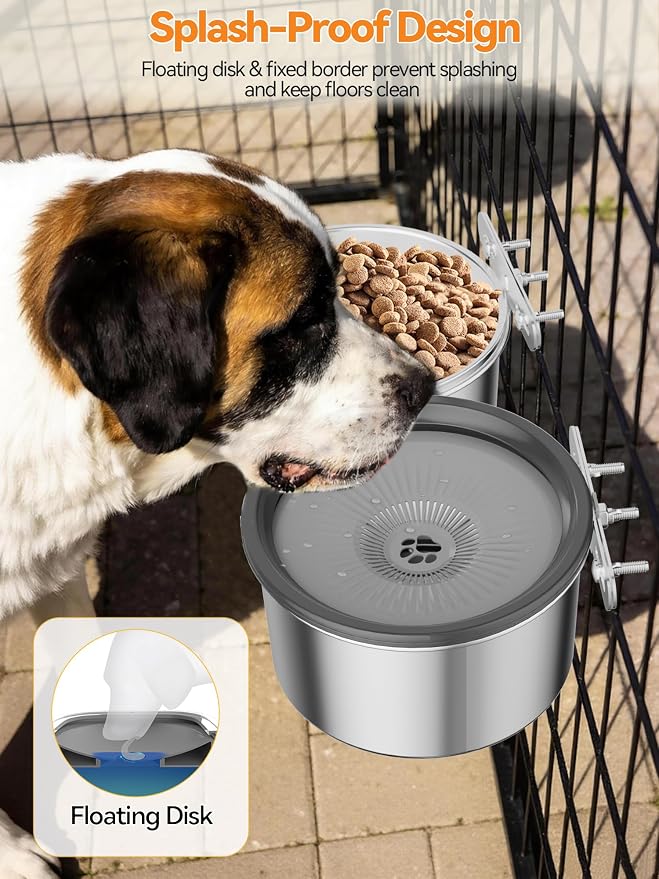 2.5L No Spill Dog Crate Bowl, 2Pcs Stainless Steel Bowls Set | Adjustable Height , Anti-Splash Water & Food Pet Bowl For Cage Kennel, Large Capacity For Medium Large Dogs