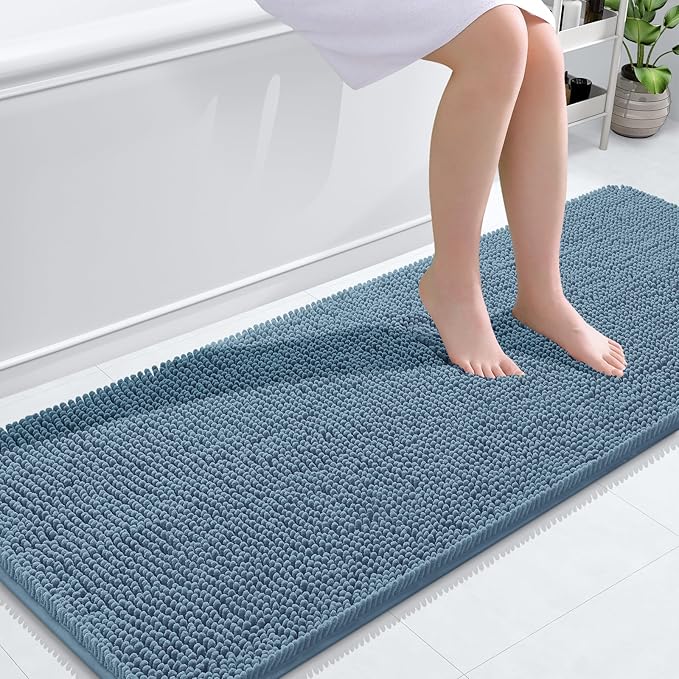 OLANLY Bathroom Runner Rugs 59x24, Soft Absorbent Chenille Bath Rugs, Rubber Backing Quick Dry, Machine Washable Long Bath Mats for Bathroom Floor, Tub and Shower, Home Decor Accessories, Airy Blue