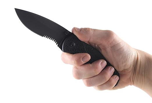 Kershaw Blur,Black Serrated(1670BLKST); Folding Knife with All-Black Body,Partially Serrated 3.4” 14C28N Steel Blade,Anodized Aluminum Handle with Trac-Tec Grip,Reversible Pock lip; 3.9OZ