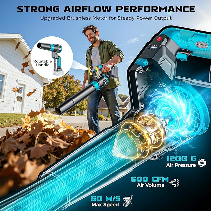 DIYtoolifz Cordless Leaf Blower Compatible with Makita 18V, 180° Rotated, 600 CFM Handheld Leaf Blowers, 3-Speed Brushless Motor, Lightweight Blower for Yard, Garden, Patio, NO Battery (Tool ONLY)