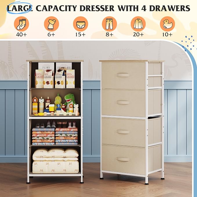 WLIVE Small Dresser Nightstand for Bedroom, 4 Drawers, Cream White | 4 vertical fabric drawers, Space-saving tower, Bedroom or closet use, Chest of drawers, Dresser for small spaces