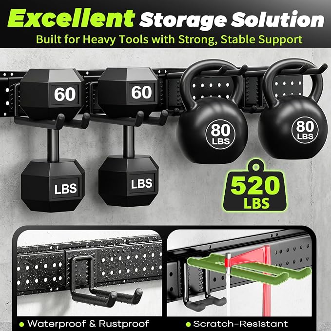 Garage Tool Organizer Wall Mount, 66 Inch Heavy Duty Garage Organization System with 13 Adjustable Hooks, Garden Tool Storage Rack for Garage, Yard & Shed, Holds Up to 520 lbs