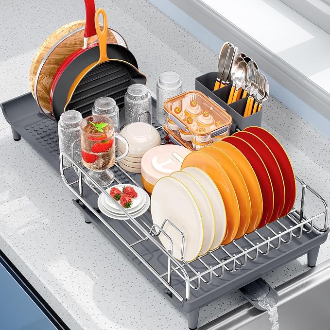 NTD Expandable Dish Drying Rack for Kitchen Counter, 16.7"-26.8", Gray | Large Multifunctional Dish Drainers, Anti-Rust, with Cutlery & Cup Holders, Self-Draining Drainboard, FIts for 4-5 People