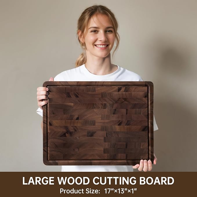 Walnut Cutting Boards for Kitchen Solid Wood End Grain 17"×13"×1" | Large Chopping Board Double Sided with Handle, Hardwood Charcuterie Butcher Block for Meal Prep & Serving with Gift Box