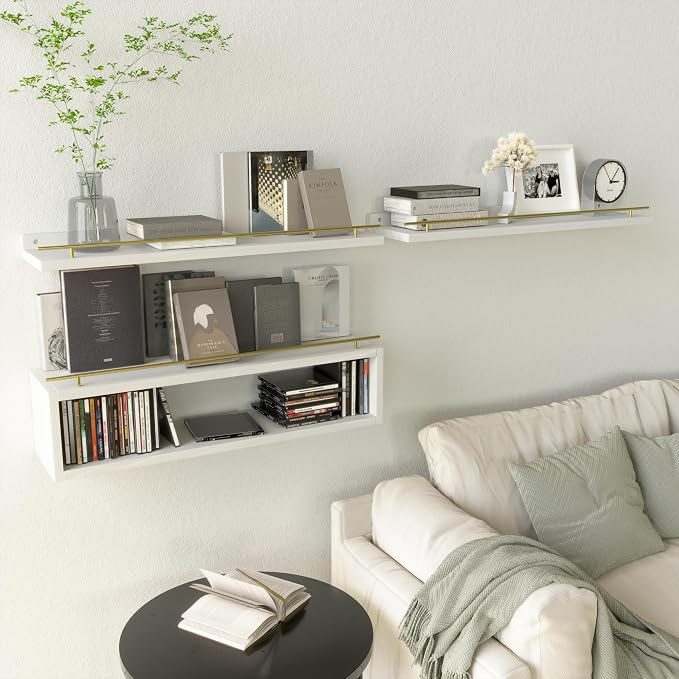 WOPITUES Floating Shelves for Wall 24 inch with Cube Shelf, Wall Shelves with Metal Rail for Decor, Bathroom Organizers and Storage, Over Toilet Shelves for Bathroom, Toilet Paper-White&Gold