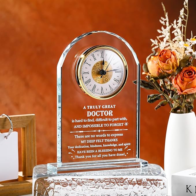 YWHL Doctor Gifts for Men Women, Crystal Glass Clock Thank You Appreciation Gifts for Doctors Best Doctor Ever Gift Idea for Doctors Day Birthday Retirement Christmas Office Table Decor