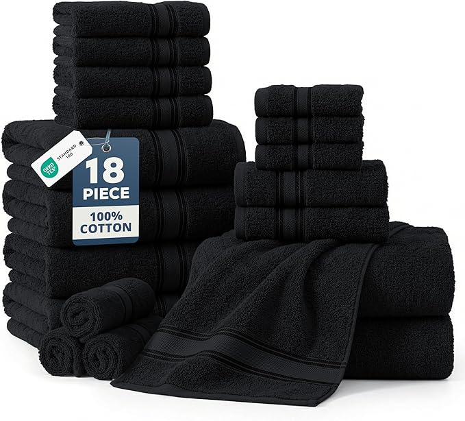 LANE LINEN Bath Towel Set of 18 – Premium 100% Cotton, 6 Bath, 6 Hand & 6 Washcloth, Zero Twist Hotel Collection Towels Soft, Gentle on Body, Absorbent & Ideal for Everyday Use – Black
