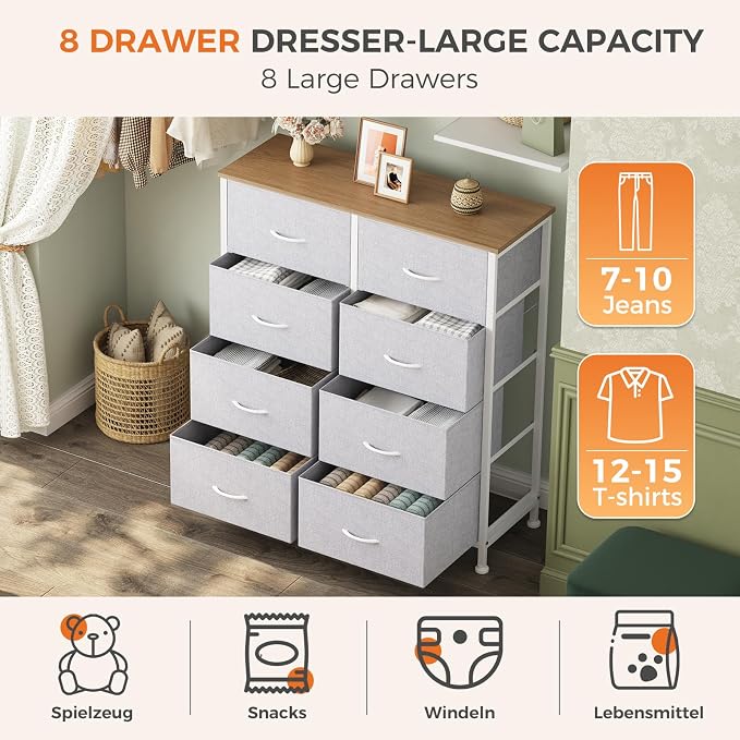 Sweetcrispy 8 Drawer Fabric Dresser for Bedroom, Tall Dresser, Light Grey | Chest of Drawers with Sturdy Steel Frame and Wooden Top, Closet Living Room Storage Organizer with Easy Pull Handles