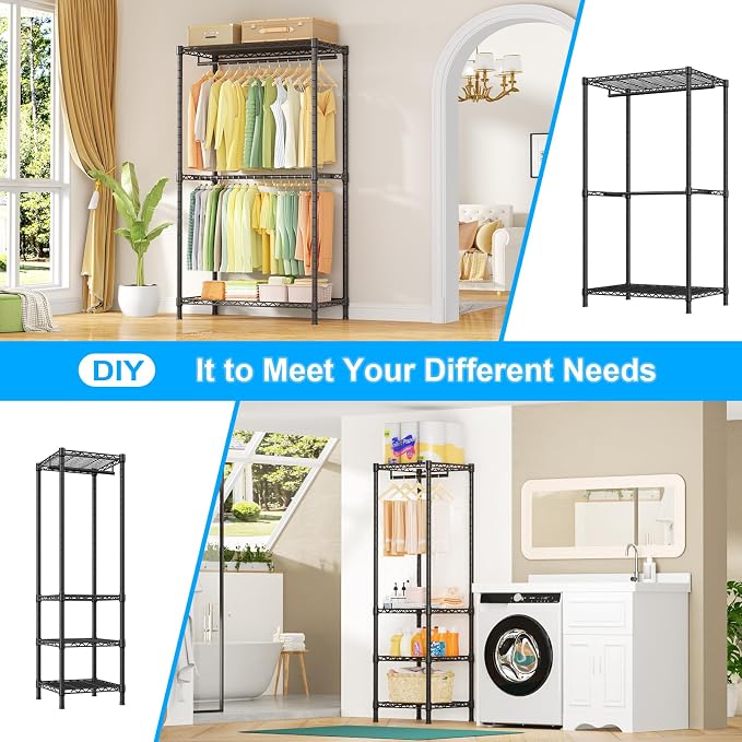 Ulif E10 Clothes Rack（With Stretchable Hanger Rod）Freestanding Clothing Racks for Hanging Clothes，Adjustable Closet Organizer System，Portable Garment Rack 73-97"W x 15" D x 72" H，Max Load 800LBS，Black