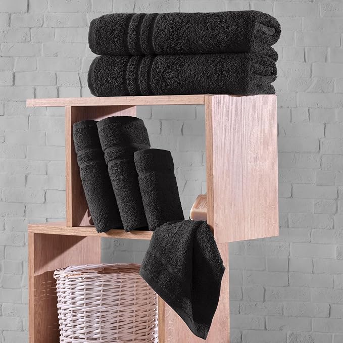 Black 6 Pack Bath Towels Sets Linen for Bathroom Original Turkish Cotton Soft, Absorbent and Premium 2 Bath, 2 Hand, 2 Washcloths