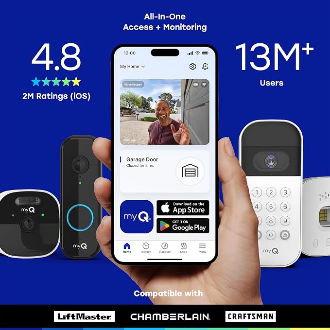 myQ Smart Garage Starter Kit: Garage Door Video Keypad + Wired Power Adapter Kit + Wi-Fi Plug-in 2K Camera, Custom PIN Codes, Wide-Angle Lens, Night Vision, 2-Way Audio, Motion Alerts and App Control