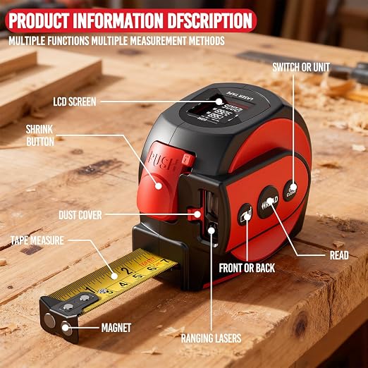 SENDA 3-in-1 Laser Tape Measure - 197Ft Rechargeable Laser Measuring Tape with Led Display & 16Ft Measuring Tool with Magnetic Hook & Auto Lock -20 Data Sets,Pythagorean/Area/Volume,Ft/Ft+in/in/M Unit