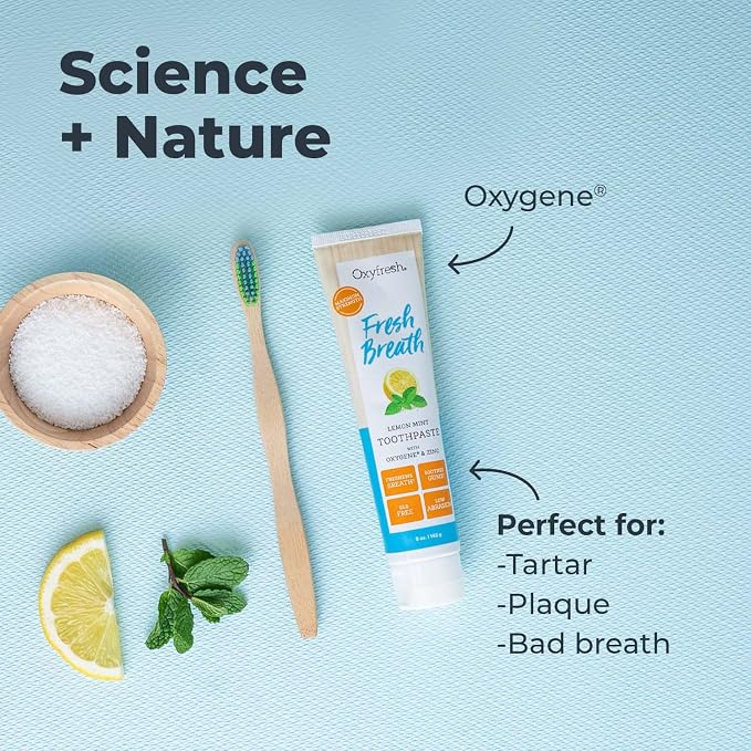 Oxyfresh Premium Lemon Mint, Fresh Breath Toothpaste – Essential Oils | Helps Fight Bad Breath, Anti Plaque & Tartar Control – Low Abrasion Gel, SLS & Fluoride Free Toothpaste with Essential Oils