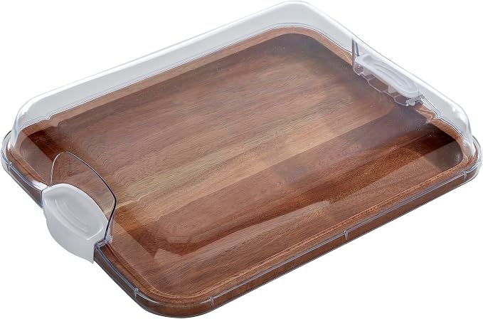Farberware Acacia Wood Cutting Board with Clear Locking Lid, 11x14 Inch Charcuterie Board with Compartments, Reversible Serving Board for Cheese, Meats, Fruits and Snacks - Make It, Take It, Enjoy It
