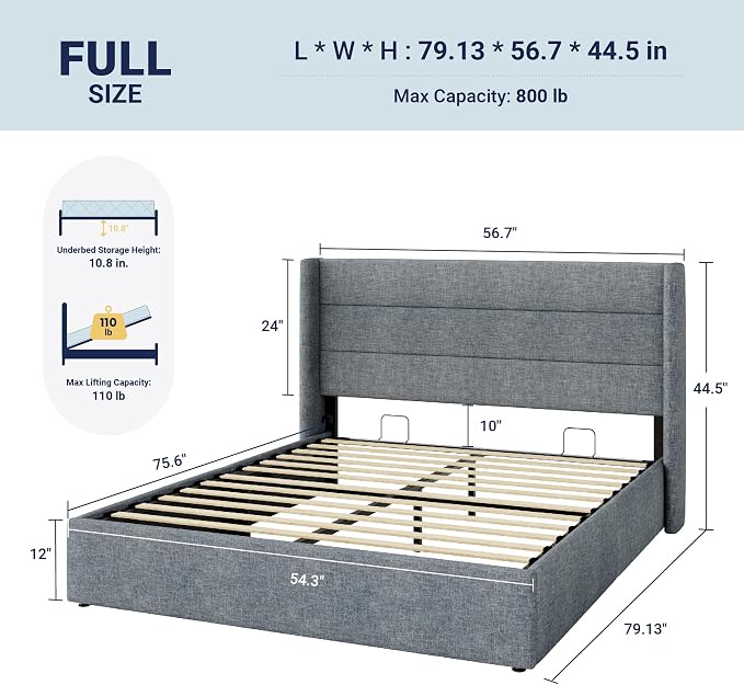 Allewie Full Size Lift Up Hydraulic Storage Bed Frame Blue Grey | Modern Wingback Headboard, Hydraulic Support Storage, No Box Spring Needed