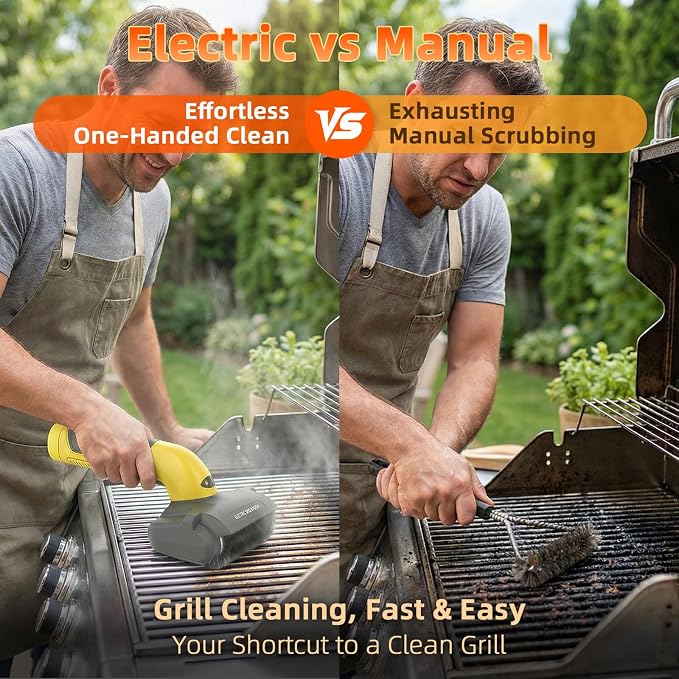 Electric Grill Brush with LED Light,3-in-1 Replaceable Brush Heads, 1200 RPM Speed, Cordless & Type-C Rechargeable Grill Cleaning Tool for Outdoor BBQ(Yellow-Gray)