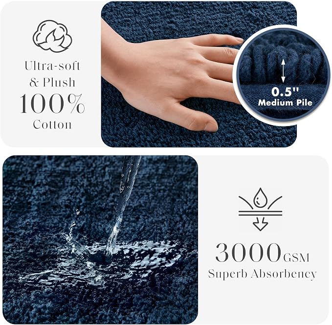 Madison Park Splendor Reversible 100% Cotton Bath Runner, 24 x 72, Navy | Tufted Bathroom Rug, 3000 GSM, Hotel Quality, Luxurious Plush, Medium Pile, Absorbent, Quick Dry, OEKO-TEX, Shower Room Décor