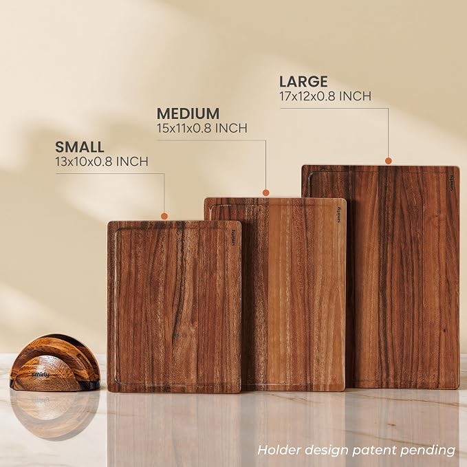 SMIRLY Cutting Boards for Kitchen, 3 Piece Walnut Cutting Board with Stand | Non Toxic Walnut Wood Cutting Board with Juice Grooves and Handles, Multiple Sizes Wooden Chopping Board for Meal Prep
