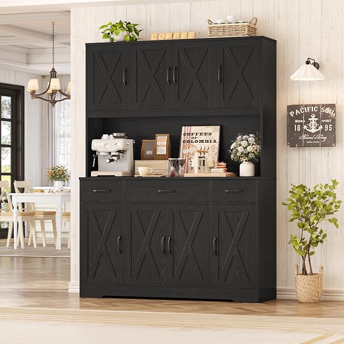 HOSTACK 71" H Kitchen Pantry Cabinet, 55" Kitchen Hutch, Black Wood Grain | Large Pantry Cabinet with Charging Station / Countertop / 3 Drawers, Farmhouse Hutch Cabinet with Storage for Dining Room
