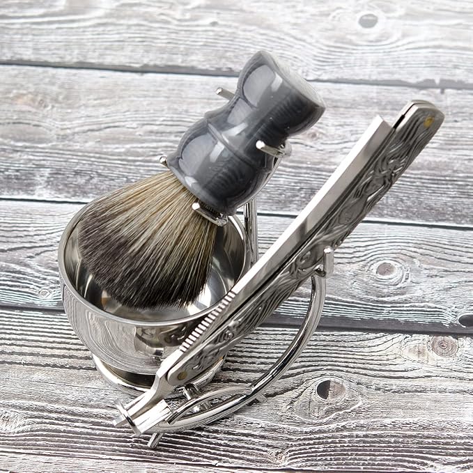 Grandslam Shaving Straight Razor Kit, Steel Cutthroat Straight Razor With Leather Strop, Shave Brush, Stainless Steel Shaving Bowl and Stand, Gift for Men