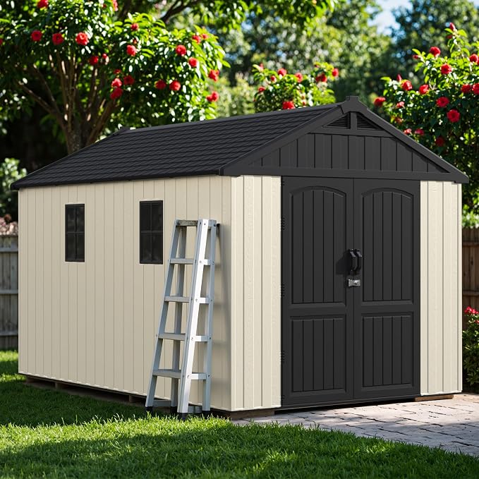 Greesum 8x12FT Plastic Outdoor Storage Shed with Floor, Resin Sheds with Window and Lockable Door, Easy Assembly, HDPE Kick-it Shed for Garden, Lawn, Backyard, Beige