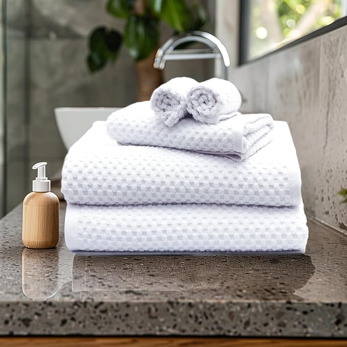 COTTON CRAFT Euro Spa Waffle Weave 6 Piece Towel Set - 100% Cotton - White | 2 Oversized Luxurious Large Bath Towels, 2 Hand Towels, 2 Washcloths - Soft Plush Super Absorbent Low Lint Quick Dry