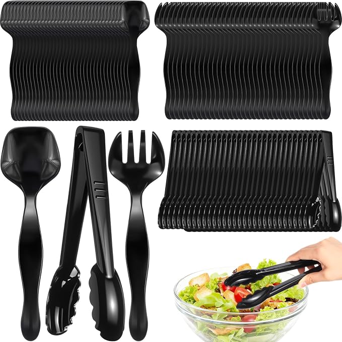 Patelai 96 Pcs Plastic Serving Utensils Disposable Black Serving Spoons Forks Tongs Heavy Duty Party Utensils for Dinner Parties, Buffets, Banquets, Birthday, Weddings and Daily Use