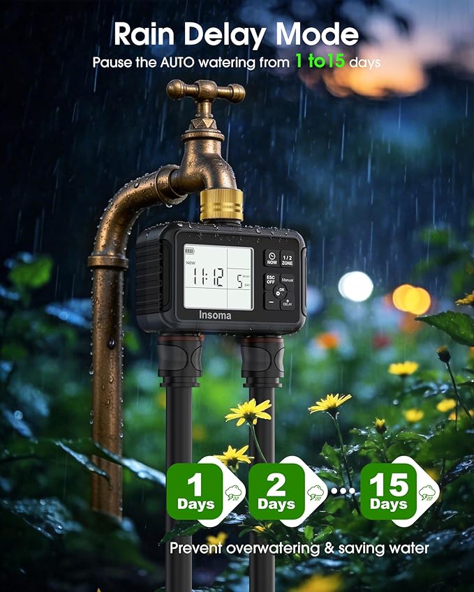 Insoma Water Timer with Brass Inlet, 2 Independent Zones Outdoor Hose Timer for Garden Faucet with Auto/Manual/Rain Delay Mode, Sprinkler Irrigation Controller for Yard Lawn