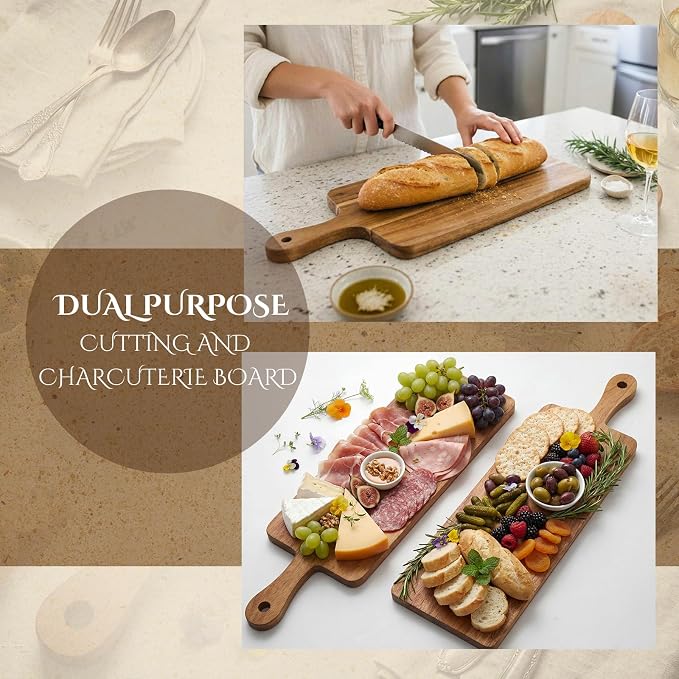 Nuenen 10 Pcs Wood Cutting Board with Handle 16.1 x 4.7 Inch Acacia Bamboo Wooden Serving Kitchen Chopping Boards for Pizza, Bread, Cheese, Charcuterie, Fruit, Vegetables(Narrow Acacia)