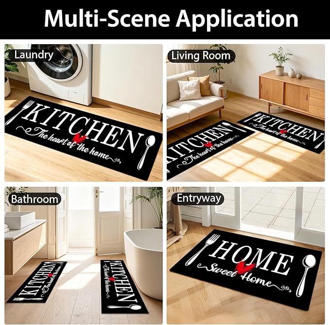 Kitchen Rugs Set 3 Piece, Non Slip Kitchen Mats for Floor, Soft Fabric with Rubber Backing, Farmhouse Anti Fatigue Runners Carpet for Home Kitchen Laundry Room Hallway (Black)