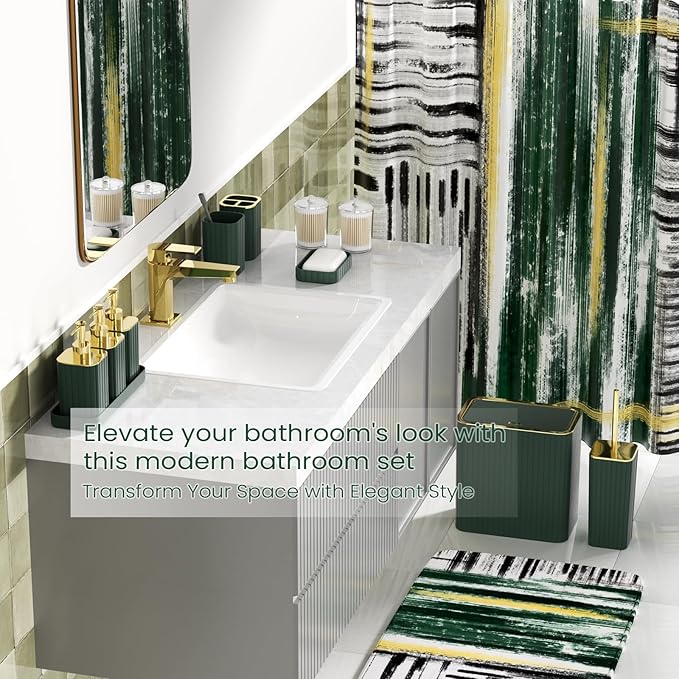 Bathroom Set - Bathroom Accessory Set, Dark Green Bathroom Set, 26PC Bathroom Sets with Shower Curtain and Rugs, Toilet Brush, Trash Can, Qtip Holder & Bathroom Soap Dispenser Set