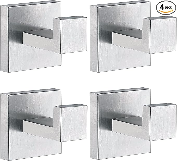 Towel Hooks for Bathrooms, Brushed Nickel Towel Hook for Kitchen Bathroom, SUS304 Stainless Steel Coat Hook, Square Heavy Duty Holder Robe Hooks for Hanging Towels, Coats, sponges, Wall Mount, 4 Pack