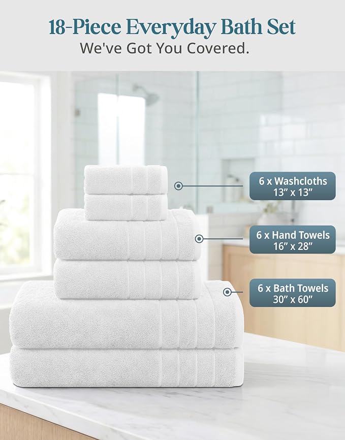 Casa Platino Bath Towel Set 100% Cotton 18 Piece Soft Absorbent - White | Bathroom Towels - Generously Sized, Oversized & Roomy, Lightweight & Breathable, Fade-Resistant Color, Classic Terry Weave