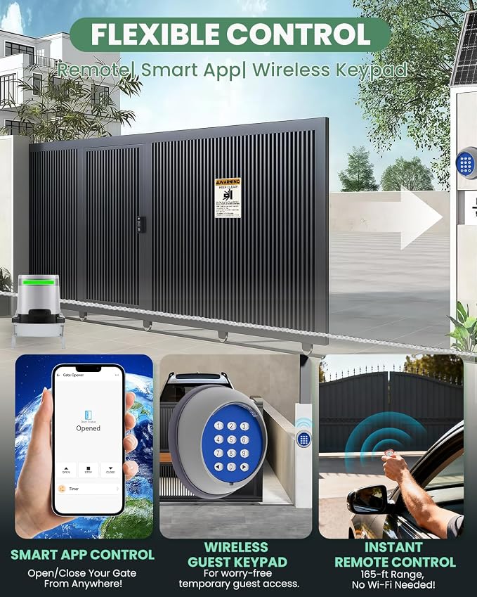 1300lb Sliding Gate Opener with Chain Drive & Solar Panel, WiFi/App & Keypad & Remote Control, Built-in Backup Battery & Infrared Safety Sensor - Complete Automatic Motor Kit for 40ft Gates