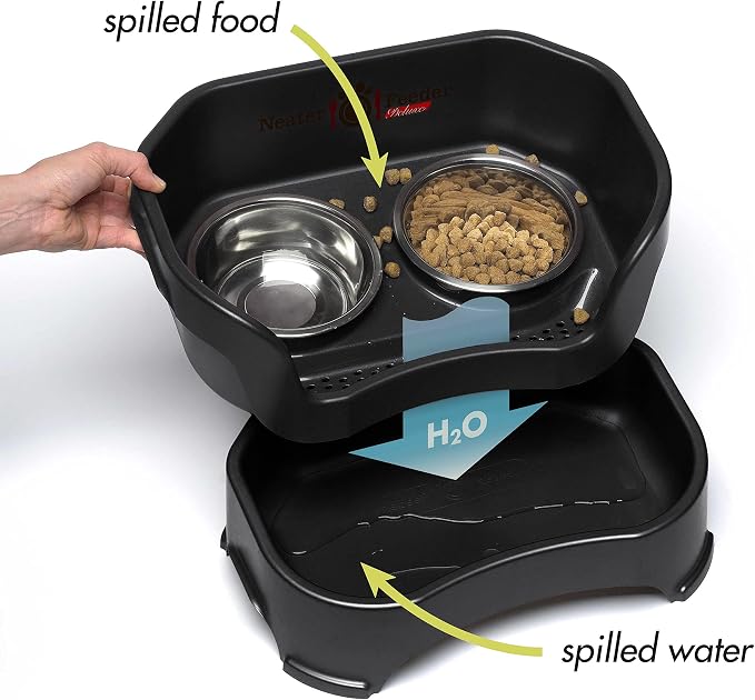 Neater Pet Brands Neater Feeder Deluxe Mess Proof Cat Bowls Elevated, Made in USA, No Spill Raised Bowls for Indoor Cats, Stainless Steel Food and Water Bowl Set, Pet Dish Feeding Station, Black