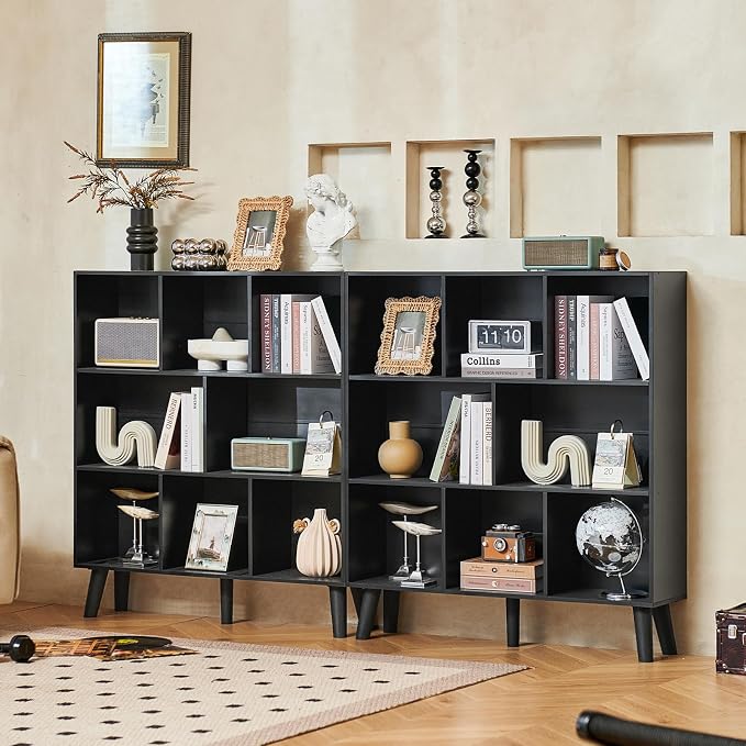 LEYAOYAO 8 Cube Bookshelf,Mid-Century Modern Book Shelf with Legs, Black | 3 Tier Bookcase, Rustic Wood Bookshelves Freestanding Large Storage Organizer, Open Shelves for Bedroom, Living Room, Office