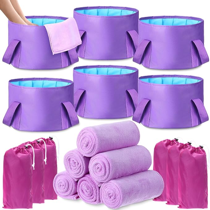 FillTouch 12 Pcs 15L Foldable Foot Soaking Tub Kit Portable Foot Bath Tub for Soaking Feet with Towel and Storage Bag Soak Spa Bucket for Travel Camping (Purple)