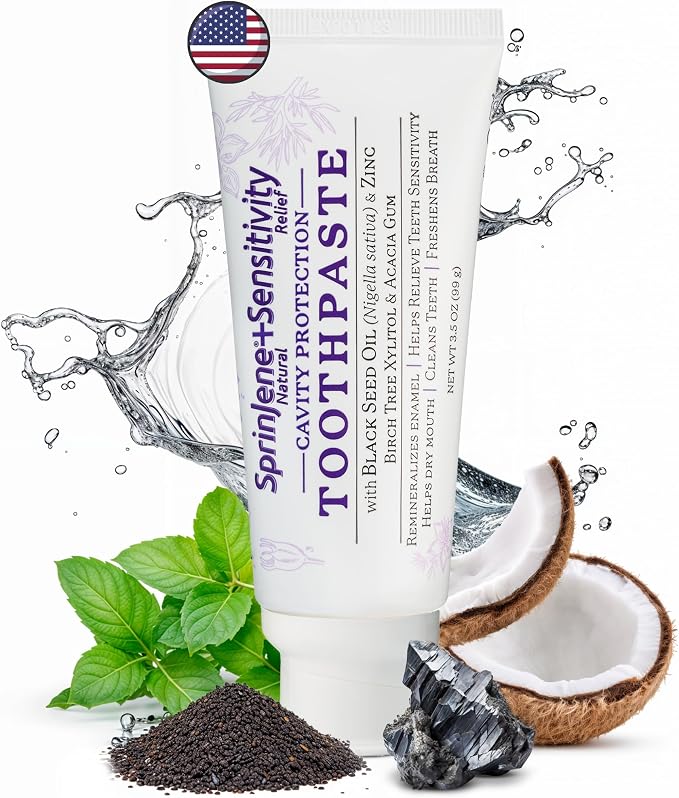 SprinJene Natural Sensitivity Relief Toothpaste – Fluoride Toothpaste for Sensitive Teeth & Cavity Protection – SLS Free with Patented Black Seed Oil & Zinc – Made in the USA (1 Pack)
