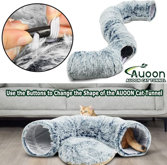 AUOON Plush Cat Tunnel Bed for Indoor Cats, 36" L x 36" W x 11.5" H, Gray | 2 in-1 Interactive Cat Toy, with Hanging Ball Toy, Machine Washable Center Pad, for Kitten Puppy Rabbit Ferret