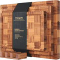 Fibogollo Set of 3 Bamboo Kitchen Cutting Boards with Juice Groove Large | Chopping Boards Set,End Grain Bamboo Butcher Block with Storage Stand,Serving Board and Charcuterie with Holderfor Meat