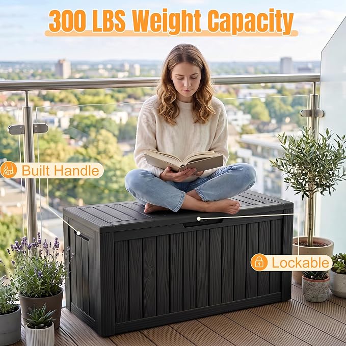Outdoor Storage Box, 140 Gallon Waterproof Resin Deck Box with Support Rod | UV Resistant Lockable Package Delivery Bin, Shoe, Patio & Garden Tools Storage, Toy Cabinet, Ottoman, Indoor/Outdoor