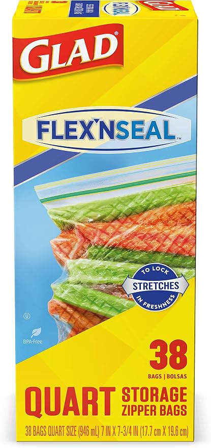 Glad Flex'N Seal Food Storage Plastic Bags, Quart, 38 Count (Package May Vary)