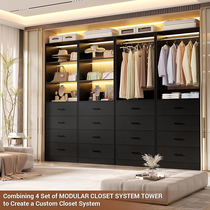 Aheaplus Closet Drawers System, 21.3" Wood Closet Organizer System with 4 Drawers, Modular Walk-in Closet System Storage Unit, Small Closets Wardrobe Rack, Tall Storage Cabinet Unit, Black