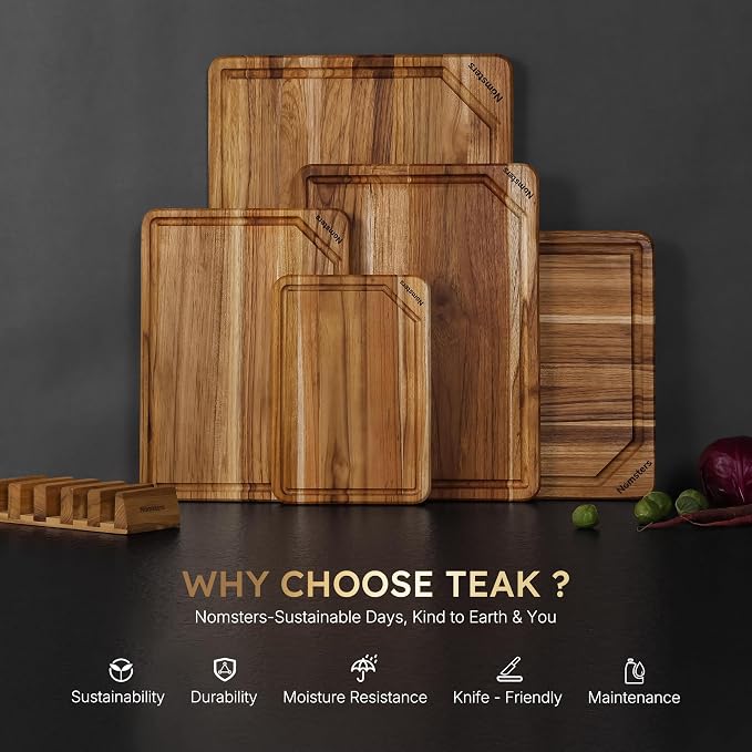 5 Pack Teak Wood Cutting Board Set with Holder Non Slip Over Sink Wooden Chopping Board for Fresh Meat Vegetable Thick Haus Perfect for Charcuterie Juice Groove Bread Boards for Kitchen