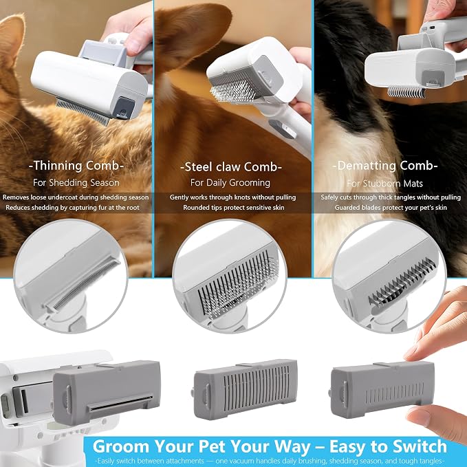 Deshedding Brush with Vacuum Suction, 5-in-1 Pet Hair Removal Tool for Dogs Cats, Cordless Undercoat Rake Removes Loose Hair, 9Kpa Pet Vacuum Cleaner for Furniture Carpet