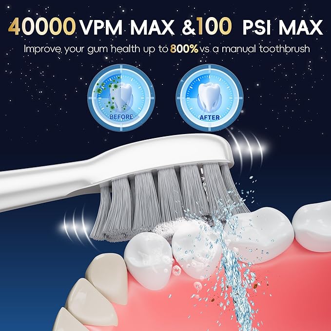 Electric Toothbrush with Water Flosser Combo in One, Professional Flossing Toothbrush for Teeth Cleaning and Flossing, Plaque Removal, Rechargeable,5 Brush Modes & 3 Flossing Speeds,500ML,White